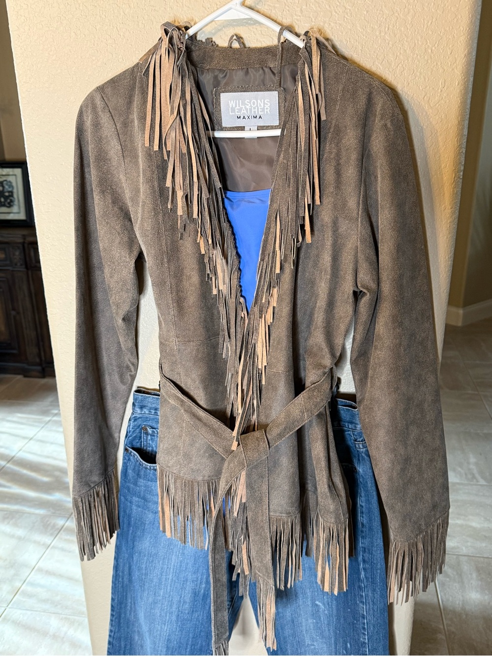 Early 2000’s Wilsons Leather Light Brown Suede Fringe Country Tie-Waist Jacket